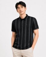 Vertical Stripe Premium Imported Polo Shirt – CQP02-Black - Image 2